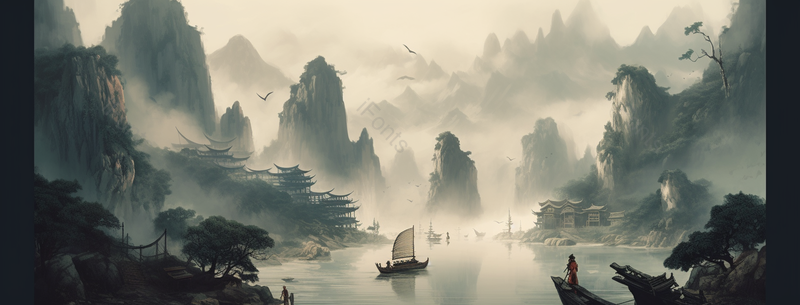 山水河流复古风意境自然景观中国风水墨画,插画/手绘图,插画/手绘图库,插画/手绘图下载,插画/手绘